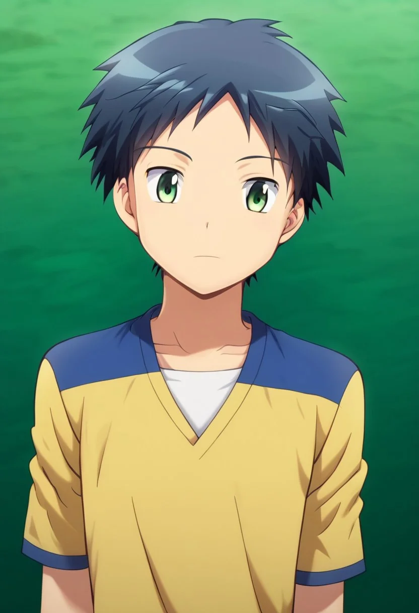 hikarishi_kenji, blond hair, short hair, bangs, green eyes, young man, 1boy, solo, solo focus, (kenji's hair:1.1), (tomohito's body:1.20)