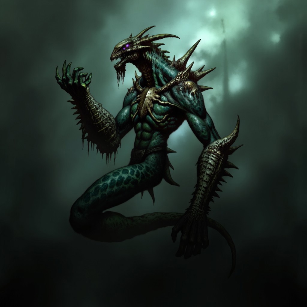 first person pov, 3D01S, simple background atmospheric and powerful dark fantasy, natural organic and first person pov of a berserk style creature
Emerging from murky waters, the Stalker is a twisted, serpentine creature with a muscular, elongated body covered in dark emerald and black, mottled scales. Its sleek form tapers into a coiled, serpentine tail that moves silently beneath the surface. Sharp, jagged fins run along its back like deadly spines, adding to its lethal presence. The Stalker's upper body rises menacingly, humanoid yet grotesque, with a broad, muscular torso rippling with strength. Massive arms extend from its sides, ending in skeletal, webbed claws tipped with razor-sharp talons, designed to tear through prey with ease.
Its head is a monstrous blend of merman and reptile, with a wide, grinning maw filled with rows of needle-like teeth. Above its mouth, glowing violet eyes pierce the gloom, filled with cold malice. The head’s angular ridges give it an almost skull-like appearance, further enhanced by tendrils dangling from its chin. Its armored back drips with sickly slime, and its entire presence exudes primal danger, a predator honed for ambush and brutal assaults.
UHD letterboxed game trailer frame chromatic aberration dark atmosphere sharp masterpiece with a focus on the character, elden ring style, dark atmosphere, chromatic aberration
