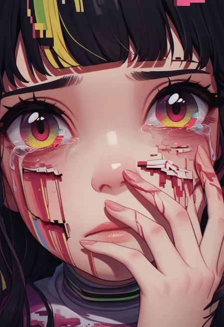 did vaporwave style, 1girl, solo, looking at viewer, eye focus, black hair, portrait, close-up, lips, eyelashes, hand on own face, fingernails, blood, tears, crying, hand up, multicolored eyes, melting, vapor, smoke, glitch, horror (theme), glowing, zPDXL2