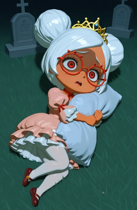 <lora:anatomy_helper:0.8> 1girl, solo, full body, graveyard, raised eyebrows, open mouth, in distress, shaded face, scared, fear,, solo, hugging pillow, lying, on side,, 3d,
<lora:LilPurah-IL:0.8> prhmini, red eyes, red-framed eyewear, red-framed eyewear, dark-skinned female, white hair, double bun, chibi, fairy tale dress, puffed sleeves, layered skirt, white pantyhose, ribbon choker, tiara, extremely detailed, highres, masterpiece, best quality