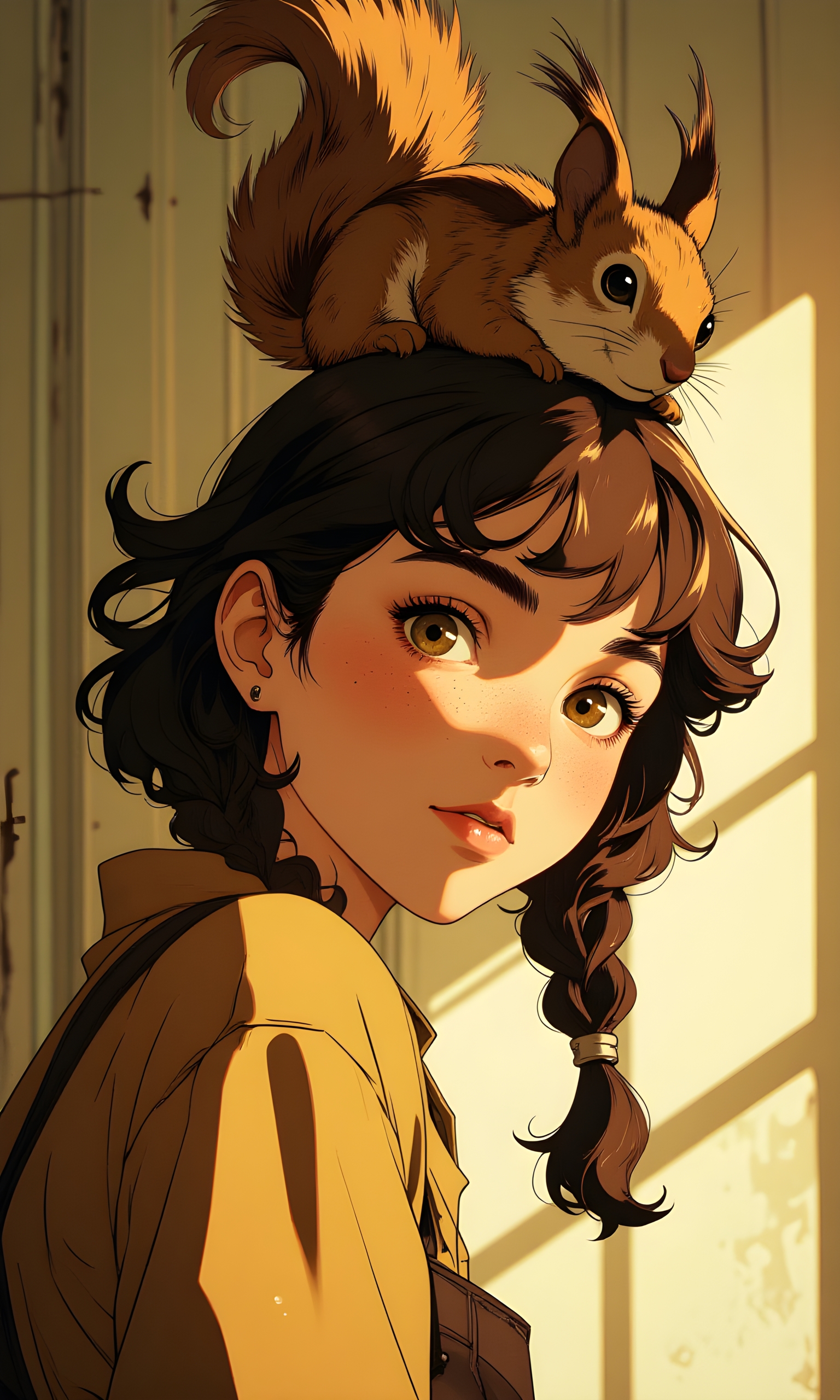 A whimsical and charming scene featuring a young girl with a squirrel perched on her head. The camera is positioned at eye level, providing a direct and engaging perspective of the subject. The angle is slightly angled to her left, allowing for a clear view of her face and the squirrel.
The lighting in the image is soft and even, likely from natural light coming through a window or an open door. The light type appears to be natural daylight, which creates a warm and inviting atmosphere. The light direction is from the front-left side of the subject, casting gentle shadows that highlight the contours of her face and the texture of her hair and the squirrel's fur.
The girl is looking directly at the camera, making eye contact with the viewer. Her expression is calm and composed, adding to the overall sense of tranquility and connection. She has freckles on her face, which add to the natural and relaxed feel of the image. Her hair is styled in two braids, which complement the playful and whimsical nature of the scene.
The background features a plain, neutral-colored wall, which helps to keep the focus on the girl and the squirrel. The colors and textures in the background complement the subject's appearance, creating a harmonious and visually appealing composition. The overall mood of the image is one of simplicity and charm, capturing a moment of quiet beauty and connection between the girl and the squirrel.
BREAK anime, d13s3lp2nk, bboil artist style, OBdonman, Anime art, <lora:FLUX\Anime Art V3:0.7000000000000001>, <lora:FLUX\Synesthesia:0.2>, <lora:FLUX\RetroAnimeS1.1:0.4>, <lora:FLUX\Flux-jijia:0.1>, <lora:FLUX\It's a LoRA for portraits, BUT! actually specialized in backgrounds. v1.0:0.1>, <lora:FLUX\GLSHS:0.2>, <lora:FLUX\Dieselpunk Delight - s0_9 g4:0.4>, <lora:FLUX\OBdonman, anime0style portrait:0.1>
