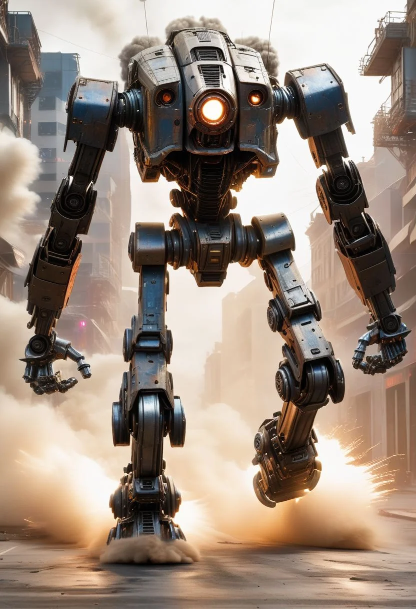 (Artist Jim Burns), (large (walking:2) mech towering over an earth city causing dismay), (War of the World's styled walking), (impact of the mech's foot on the ground caused a dust cloud:1.1), (motion shot, in motion with blur, focus on mech, street level, people are scared and running away:1.2), (the mech's large metal legs are in motion, one leg steps towards the viewer:2), (electrical components glow red, the "eye" of the mech shoots out a laser blast at random targets), (arms intend to smash things)