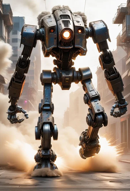 (Artist Jim Burns), (large (walking:2) mech towering over an earth city causing dismay), (War of the World's styled walking), (impact of the mech's foot on the ground caused a dust cloud:1.1), (motion shot, in motion with blur, focus on mech, street level, people are scared and running away:1.2), (the mech's large metal legs are in motion, one leg steps towards the viewer:2), (electrical components glow red, the "eye" of the mech shoots out a laser blast at random targets), (arms intend to smash things)