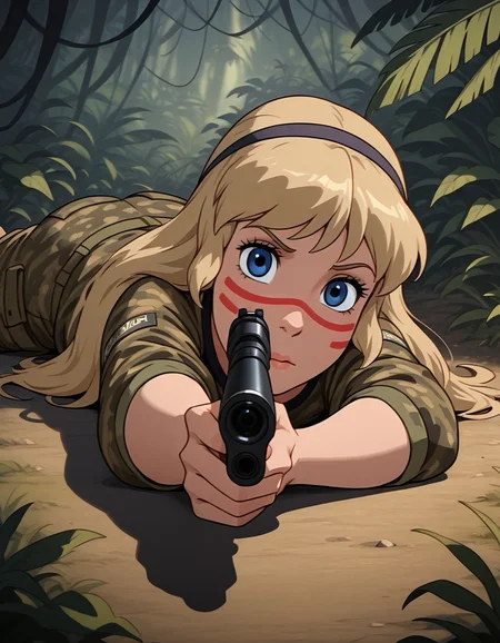 <lora:eilonwy-illustrious-000020:1> eilonwy, camouflage, hairband, 1girl, solo, on stomach, facepaint, airsoft, aiming at viewer, jungle, masterpiece, best quality