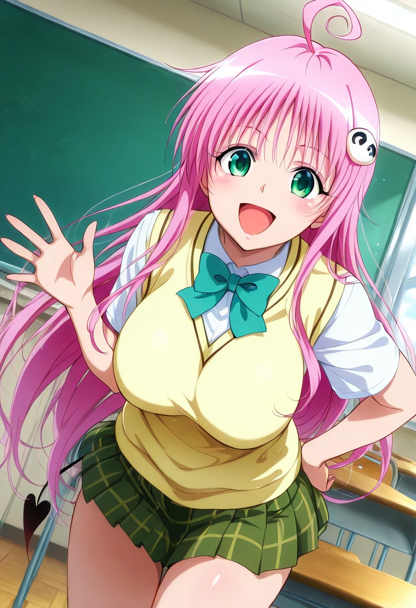 general,highres, ultra-detailed,very aesthetic,best quality ,best hands,best eyes,easynegative,
dynamic anglre, dutch angle, anime cloring,
1girl solo,looking at viewer,school,classroom,smile,hand on hip,open mouth, 
Lala,pink hair,long hair,ahoge,hair ornament,large breasts,green eyes,sccubus tail,school uniform,
