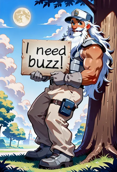 masterpiece, best quality, amazing quality, Musclegut male, ((white beard, tan body, very long beard)), (Headwear topwear bottomwear footwear waistband thigh pouch bicep band shoulder pad) ((leaning against tree, grey gloves, side view, looking at viewer, looking embarrassed holding sign with text "need buzz")), buzz, Moon park,