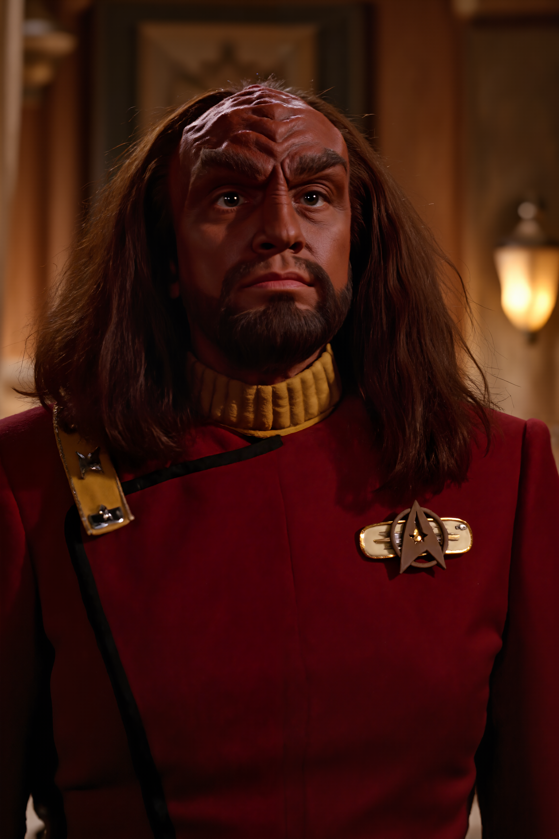 An klingon man with ridged forehead and long hair and moustache stands in the ancient temple wearing red TWOK uniform, dark mustard yellow collar (photography, high-resolution, dynamic, energetic,hyper-realistic, dramatic lighting, shallow depth of field.), detailmaximizer, MythP0rt<lora:aidmaMJ6.1-FLUX-V0.1:0.6><lora:Flux DetailerV2><lora:TWOK_FLUX:1.1><lora:klingon_FLUX:1.1>