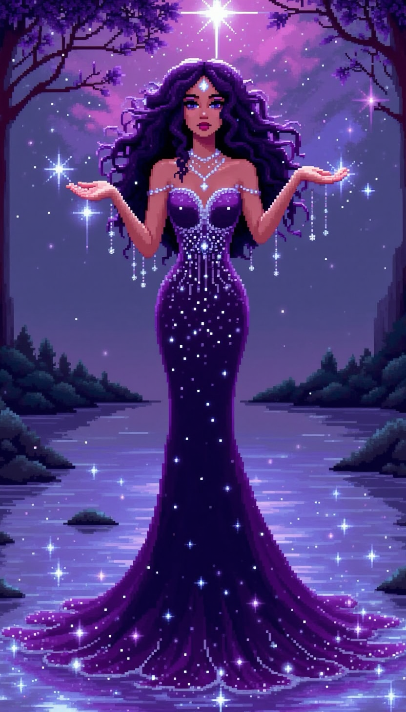 pinkpixelicious,
A mesmerizing woman with dark plum-colored curls, her sapphire eyes glowing against her rich skin. She wears a floor-length, deep amethyst gown encrusted with silver stars. Delicate strands of luminous pearls adorn her hands, shimmering as she gestures toward a crystal lake that reflects the cosmos above.