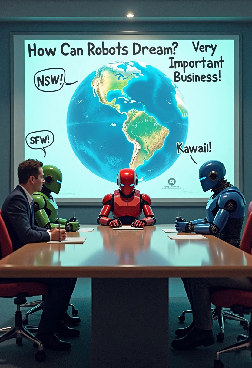 A highly important meeting room scene with 3 robots, 1 human, and 1 cyborg gathered around a large table. In the center of the table, a holographic image of Earth is projected. On the whiteboard behind them, the phrases 'How Can Robots Dream?' and 'Very Important Business!' are written in bold letters. 
The red robot is seated at the table with a speech bubble above its head writing in 'NSFW!'.
The green robot has a speech bubble writing in 'SFW!'.
The blue robot has a speech bubble above it writing in 'Kawaii!'.
The atmosphere feels futuristic and serious, blending humor and intensity. The overall environment combines elements of sci-fi technology with a high-stakes business meeting vibe.