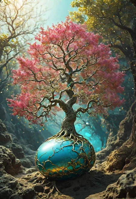 landscape,,,blue,yellow,red,white,pink,cyan,green,gleaming diamond tree with golden accents and roots growing from an egg with fractalvines, radiating light, amidst brilliance, symetrical hyperdetailed texture, pearl filigree, concept art, artstation,  perfect composition, masterpiece, glittering professional photography, macro, natural lighting, canon lens, shot on dslr 64 megapixels sharp focus ethereal,happy,sky,flower,water,electronic,holography,chair,