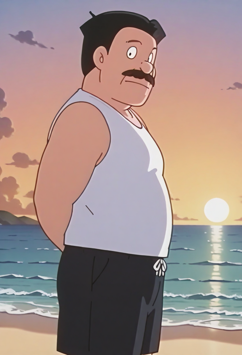 1boy, from side, sunset, ocean, looking to the side, beach, arms behind back, facing viewer,
BREAK
nobirunobi, old man, mustache, black hair, old,
BREAK
white shirt, sleeveless, black shorts,
BREAK
best quality, masterpiece, very aesthetic, absurdres, highest detailed, very awa, anime screenshot, <lora:Nobiru_Nobi_from_Doraemon_v0.1:1>