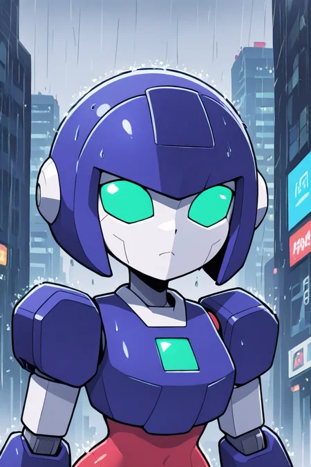 1girl, robot, bodysuit, screen face, curvy, city, rain, portrait, medarot, digital art,