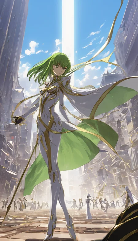 concept art Cinematic scene, hero view, 1girl, C.C., Code Geass, action pose, detailed background, masterpiece, best quality, high quality, highres, absurdres <lora:cc:1> . digital artwork, illustrative, painterly, matte painting, highly detailed