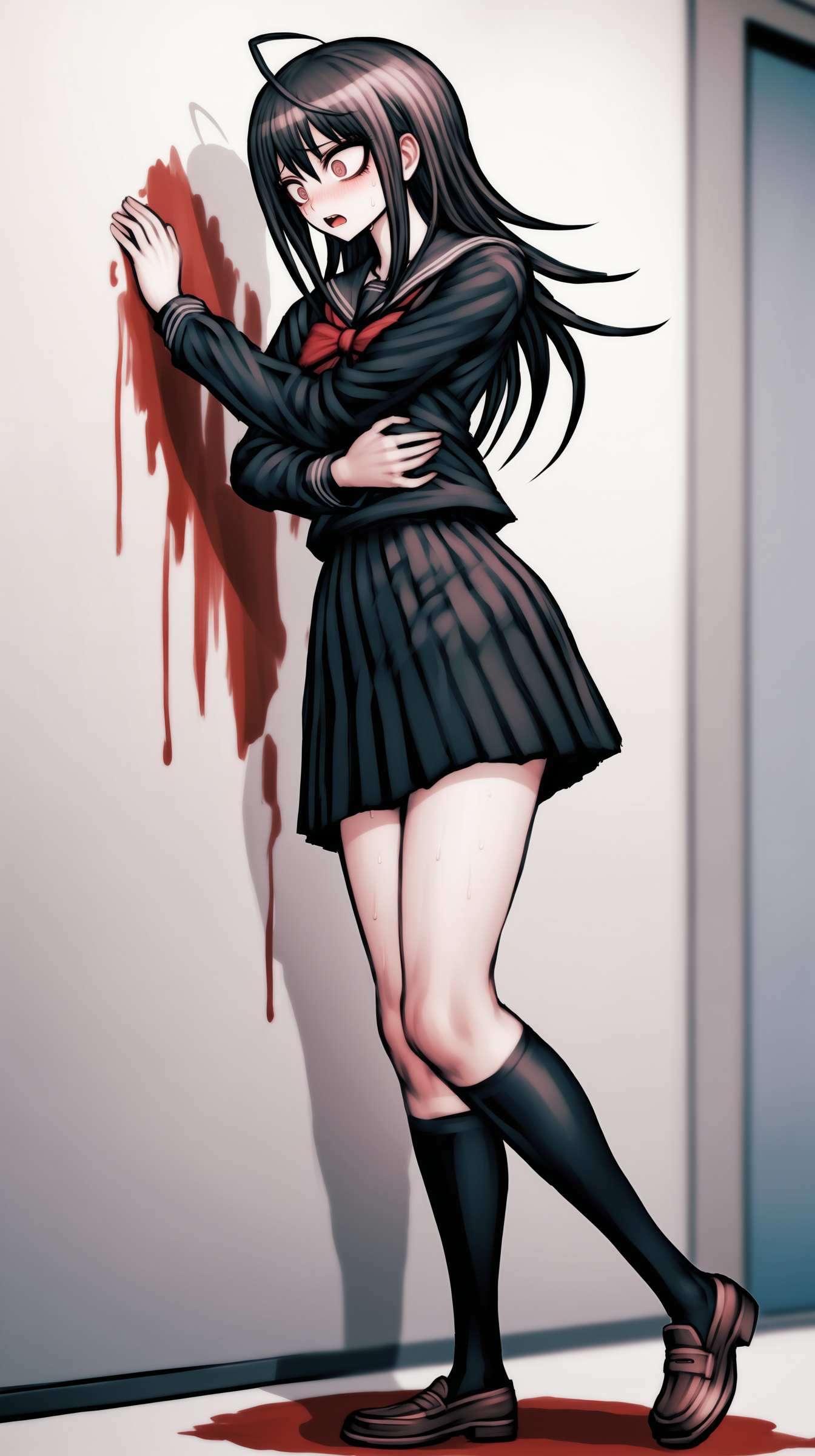 masterpiece, best quality, absurdres, 1girl, solo, yonagi kei, full body, standing, ahoge, looking to the side, self hug, pigeon-toed, scared, black serafuku, red bowtie, pleated skirt, kneehighs, loafer, long sleeves, thick outlines, black outline, indoors, classroom, (pool of blood on wall:1.2), depth of field, tall female, by Komatsuzaki Rui, <lora:danganronpa_style:0.6>, <lora:Act-Age-anxl31:0.6>,