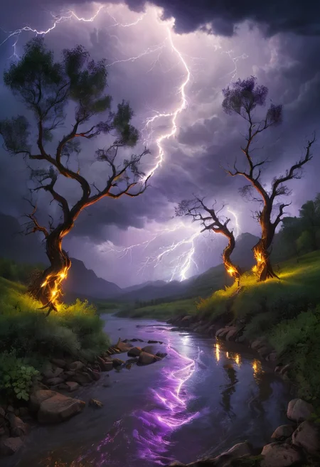 In a breathtaking and otherworldly scene, a mystical landscape is dramatically illuminated by a fierce, electric storm. A rolling meadow, bathed in twilight, stretches beneath a tempestuous sky where jagged bolts of lightning crackle and splay across the darkening canvas. The lightning, vivid and pulsating with electric blues and radiant purples, casts dramatic shadows and highlights across the whimsical terrain. Enchanted trees, with their swirling, luminescent branches, seem to dance in response to the storm’s fury, their foliage shimmering with iridescent colors that mirror the lightning’s intensity. A serene river, previously tranquil, now ripples with kinetic energy as the lightning’s reflection distorts its surface, creating a shimmering tapestry of light and shadow. Fantastical creatures, caught in the storm’s electrifying glow, appear to both shimmer and dissolve into the landscape, their forms momentarily illuminated by each flash. The artwork merges the serene beauty of a dreamlike world with the raw power of nature, capturing a moment of awe-inspiring contrast where peace and chaos coexist in a mesmerizing visual symphony.