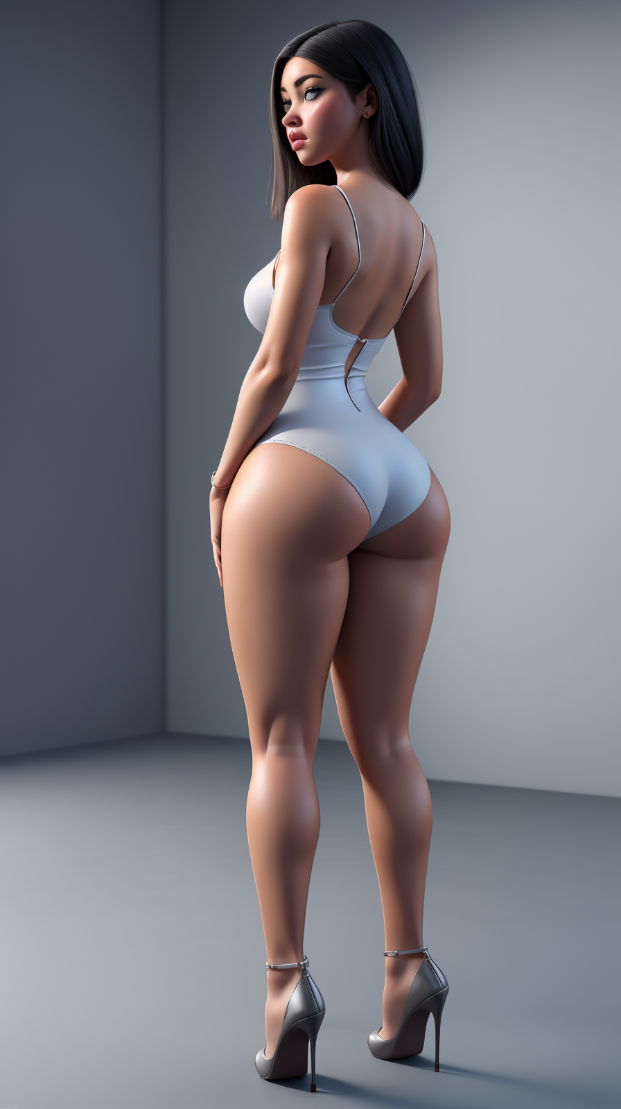 high detailed, masterpiece <lora:F4k33D-01:0.7> 1girl cartoon character in swimsuit and high heel shoes, from back, looking at viewer, black hair, perfect hands, big breast, wide hips, thick thighs, ultra realistic digital art, a 3D render, photorealism, clean scene, grey background, grey wall, shinny floor, grey floor, kkw-ph1