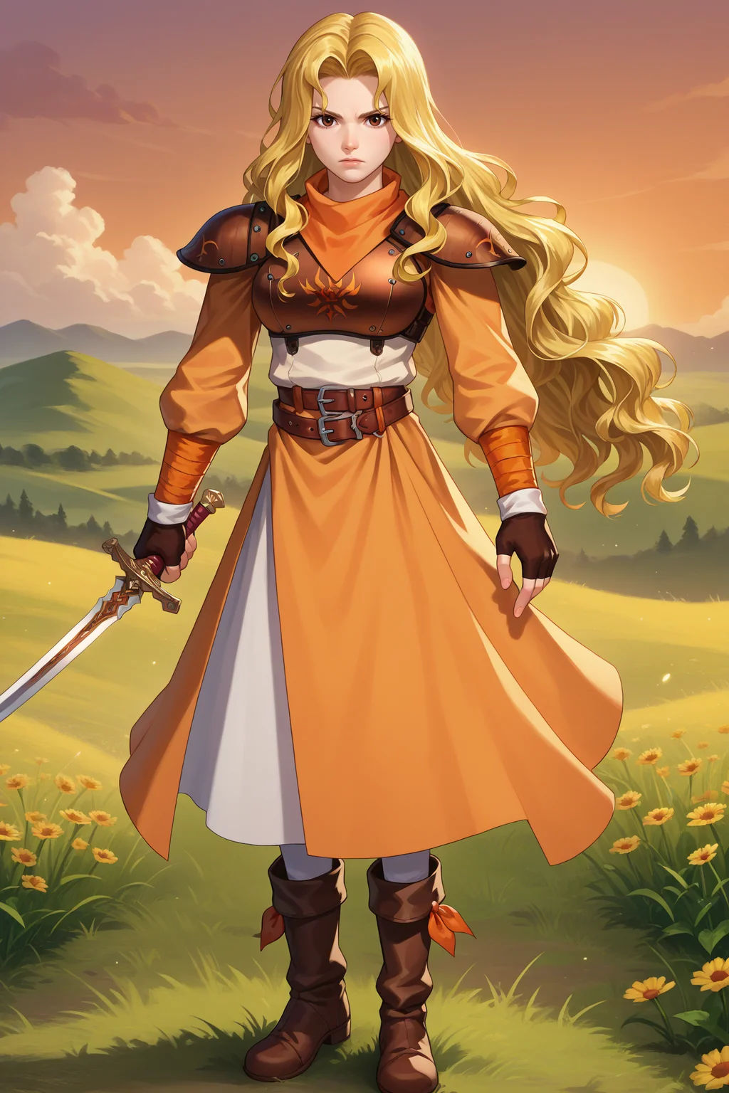 score_9, score_8_up, score_7_up, score_6_up, source_anime, 1girl, solo, <lora:febrigid-pdxl-nvwls-v1-000005:1> fe4ey, blonde hair, wavy hair, long hair, brown eyes, orange dress, long sleeves, armor, shoulder pads, breastplate, belt, fingerless gloves, white pants, brown boots, large breasts, full body, field, holding sword, serious, sunset, looking at you
