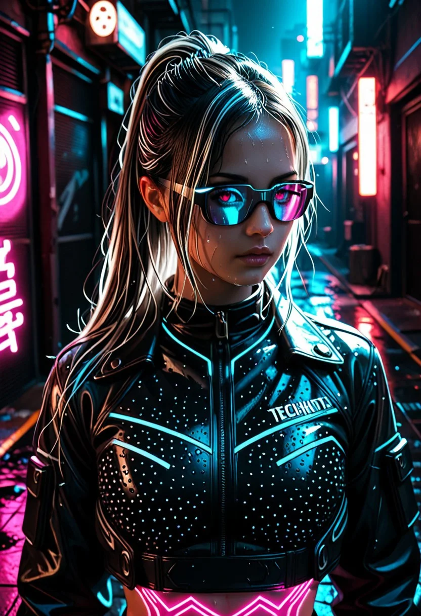 A futuristic Tokyo girl in midnight-navy techwear: magenta holo crop top under a high-collared jacket, chrome neck-rings, AR glasses. Neon-lit alley backdrop, reflections on wet pavement. Confident and poised. Thin outlines, dramatic lighting, anime-inspired face with sharp contour, warm glows on skin, magenta and silver highlights
,masterpiece ,best quality ,amazing quality, lazypos, realistic