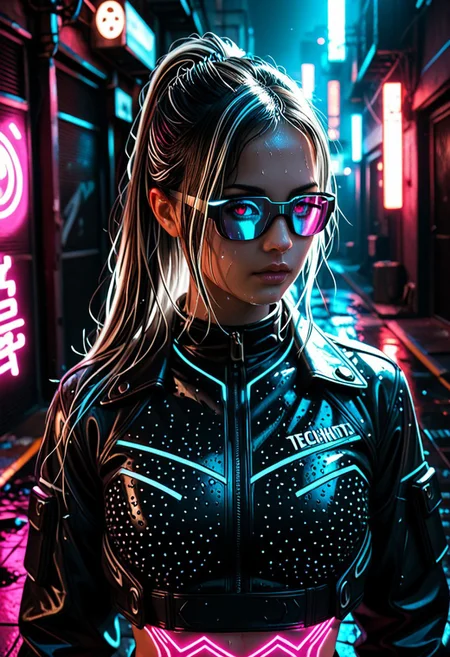 A futuristic Tokyo girl in midnight-navy techwear: magenta holo crop top under a high-collared jacket, chrome neck-rings, AR glasses. Neon-lit alley backdrop, reflections on wet pavement. Confident and poised. Thin outlines, dramatic lighting, anime-inspired face with sharp contour, warm glows on skin, magenta and silver highlights
,masterpiece ,best quality ,amazing quality, lazypos, realistic