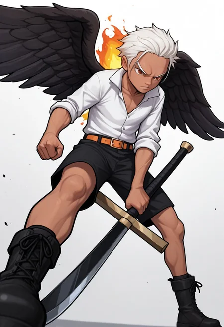 masterpiece, absurdres, high quality, perfect anatomy, 1boy, solo, cute boy, male focus, SHawk, White Hair, Orange Eyes, Tan Skin, Black Wings, White Shirt, Sleeves Rolled Up, Black Shorts, Belt, Black Boots, Holding Sword, Holding Weapon, Flame on Back, cinematic, intricately detailed illustration, depth of field, masterpiece, best quality, amazing quality, very aesthetic, absurdres, newest, very awa, shadow, dynamic angle, casual cosplay, dynamic pose, simple background, Arwe, Dynamism, Foreshortening, attacking pose