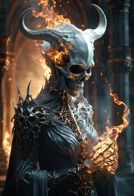 macabre style, (TQCelestialFantasy, TQ Celestial Fantasy), Angelcore aesthetics, an ethereal gloomy portrait of a lone figure, devilish, horns, fire tendrils, skull, sparks, voronoi fractures, particle system, liminal fog, bokeh, holographic colors, stunning background. warm and bright sunlight, a mesmerizing blend of light and shadow. masterpiece, absurdres, intricate details <lora:TQCelestialFantasy:0.8>, dark, gothic, grim, haunting, highly detailed