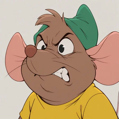 masterpiece, best quality, amazing quality, gusgus, male, furry male, solo, anthro, mouse, brown fur, short hair, black eyes, brown nose, whiskers, buck teeth, tail, chubby, green hat, yellow shirt, angry, close-up, portrait, grey background