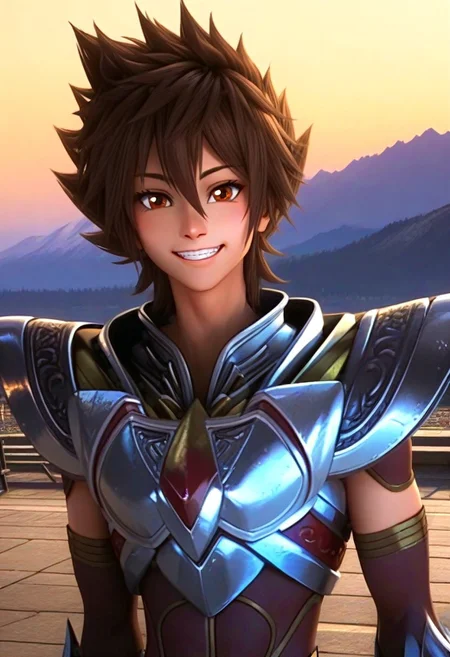 ((masterpiece)), ((best quality)), ((ultra-detailed)), ((absurdres)), score_9_up, score_8_up, score_7_up,
HD, top quality, best quality, amazing quality, High-quality illustrations, anime screencap, source_anime, best aesthetic, perfect proportions, perfect eyes, 1boy, 1male, solo boy, solo male, male focus, solo male focus, Anime, boy, male anime character, anime boy, handsome, cute, charming, sexy, good-looking, Pegasus Tenma, brown hair, brown eyes, headpiece, red sleeveless bodysuit, Saint Seiya armor, silver armor, ((happy, smile showing teeth)), ((afternoon, sunset, valley, mountains)), ((face only shot, head only shot)), easynegative, updn, Expressiveh, masterpiece, best quality, very aesthetic, absurdres