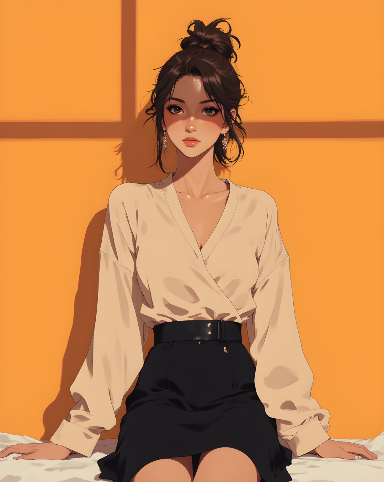 A vibrant and stylish portrait that exudes confidence and elegance. The background is a warm, radiant orange hue, creating a cheerful and inviting atmosphere. The subject sits gracefully, her posture relaxed yet poised, as though she is at ease in this moment of quiet reflection. Her hair is styled in an elegant updo, with loose strands framing her face, adding a touch of natural charm to her appearance.
She wears a sleek, V-neck blouse in a soft beige color that clings to her form, accentuating her silhouette with subtle folds and curves. The fabric appears smooth and lightweight, suggesting comfort and sophistication. Paired with the blouse is a high-waisted black skirt, its dark hue providing a striking contrast against the lighter top. The overall outfit strikes a balance between modernity and classic style, conveying a sense of timeless beauty.
Her accessories are simple yet impactfulâa pair of dangling earrings that catch the light, adding a touch of glamour without overpowering the ensemble. The lighting is soft but bright, highlighting the contours of her face and the texture of her clothing. The interplay of light and shadow creates depth, emphasizing the natural details of her skin and the fluid lines of her attire.
The overall mood is one of serene confidence and effortless chic. The warm tones of the background complement her outfit, drawing all attention to her presence. It is a moment frozen in time, where every detailâfrom the flowing hair to the subtle nuances of her expressionâinvites the viewer to appreciate the quiet strength and grace embodied in this image.
j_art, anime, anime art, <lora:FLUX\jul\J_Anime:0.7>, <lora:FLUX\RealAnime:0.7>