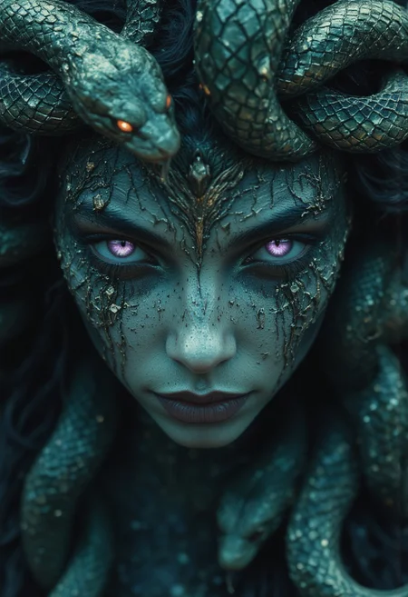 This image features a close-up of Medusa, a goddess with snake-like hair, blending dark fantasy and surreal beauty. Her face, both entrancing and fearsome, is framed by writhing serpents, each one a continuation of her body, their scales shimmering in shades of deep emerald and gold. Her eyes, a mixture of hypnotic purple and green, draw the viewer in with a predatory allure, glowing with a mystical energy that radiates power. The texture of her skin, dark and cracked like ancient stone, bears flecks of silver and gold that shimmer faintly, adding to her otherworldly presence. The snakes move restlessly, adding a sense of danger to her already commanding figure.
Her skin appears both decayed and ethereal, with cracks revealing an inner light that hints at the ancient magic she holds. Shadows dance across her face, emphasizing her haunting beauty. Metallic threads flow from her eyes like cursed tears, adding to the eerie elegance of her visage. The deep blues and blacks of the background enhance the focus on her glowing, mesmerizing eyes and the serpents coiling around her head, creating a sense of danger, mystery, and dark allure.
The overall mood is hauntingly captivating, combining beauty and terror in a way that lures the viewer into her powerful, enigmatic gaze.