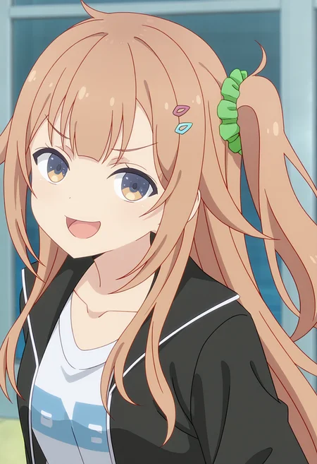 <lora:Shinon Ogawa_illustrious-000038:1>,
Shinon Ogawa,1girl,hair ornament,solo,jacket,looking at viewer,shirt,open mouth,black jacket,one side up,smile,collarbone,scrunchie,upper body,green scrunchie,blurry background,smug,white shirt,blurry,open jacket