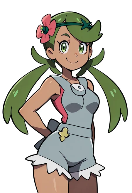 (masterpiece, best quality, good quality, very aesthetic, absurdres, newest:1.2), medium breasts, (curvy), ,,, zzMallow, green hair, green eyes, hair flower, hair ornament, grey overalls, pink shirt, sleeveless, grey shorts, <lora:MallowPokemon_NAI:1.0>, smile, looking at viewer, cowboy shot, <lora:GoldenCATLoraNAI:1.0>,