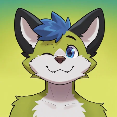 best quality, amazing quality, high resolution, masterpiece, very aesthetic, absurdres, newest, simple art, depth of field, source_anime, furry, furry male, anthro, realistic,
syuro, zuppu11, (((detailed eyes)), green background, gradient background, wink, winking, one eye closed, happy, looking at viewer, (((portrait, dynamic angle, dynamic face))),
lim3, (((green body, white fur))), (((better quality))), black ears, white inner ear, brown nose, blue hair, ((blue eyes))