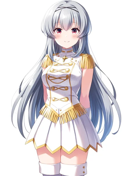1girl, solo, cowboy shot, tendo rui, hairband, idoly pride, white idol costume, thigh boots, standing, arms behind back, looking at viewer, smile, blush, (simple background, white background), BREAK, <lora:iRui:0.72>,
very aesthetic, high definition, amazing quality, masterpiece, best quality, highres, absurdres, sensitive, newest, anime screenshot, screencap
