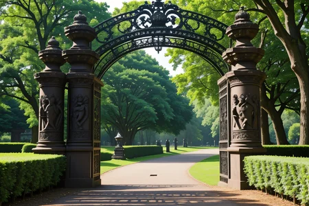 <lora:LCM_LoRA_Weights_SD15:1>,<lora:detail_slider_v4:1.1>,(panorama photo of Victorian Park Entrance, Ornate wrought iron gates flanked by stone pillars adorned with intricate carvings, a winding gravel path leading into the park, lush greenery spilling over from manicured hedges, a cast iron bench nestled under a spreading oak tree,rainy weather,during spring,at twilight:1.7),BREAKE,, landscape photography, vast vistas, natural beauty, dynamic compositions, captivating scenery, immersive, serene