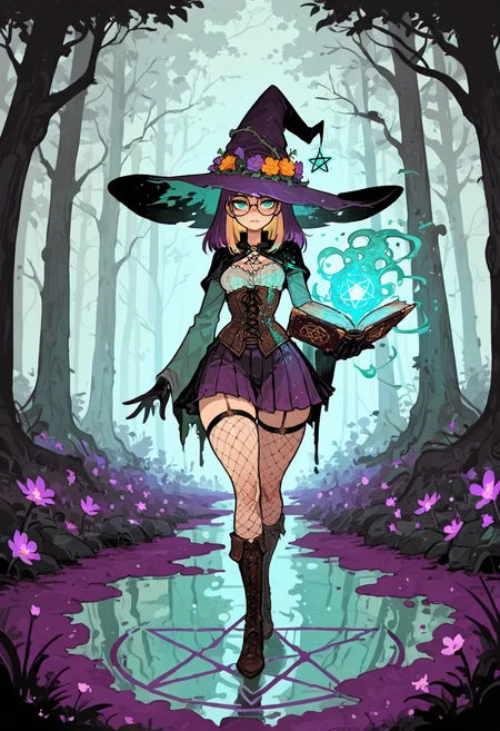 score_9, score_8_up, score_7_up, masterpiece, best quality, very aesthetic, detailed face, (dynamic:1.2), stylized, illustration, dynamic pose, (nsfw:1.2), girl, small nose, highres, absurdres,<lora:ck-shadow-circuit-IL:0.4> in the style of cksc, <lora:mon_monmon2133:0.2> <lora:Rapscallion_Illustrious:0.25> Rapscallionstyle, <lora:incoth:0.25> incoth, (incase:0.6), <lora:r17329_illu:0.35> r17329_illu, <lora:perspective:0.65> facing viewer, striking angle, perspective, (girl:1.3), (small breasts, big butt, wide hips, purple hair, blonde hairstreaks, witch girl, glasses, teal eyes, straight hair, medium hair:1.2), (witch outfit, corset, skirt, witch hat, fishnets, standing, chanting:1.1), (magic:1.3), (forest, swamp, meadow, flowers, magic ritual, pentagram on floor, moody lighting, artsy, daytime, book, atmospheric:1.2)âââ