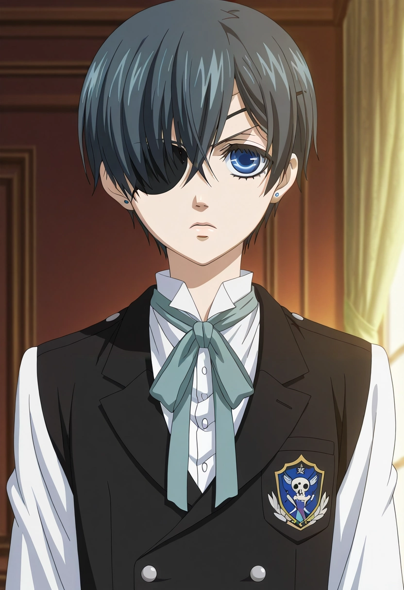 masterpiece, best quality, , anime screencap, anime coloring, official style, , 1boy, solo, male focus, <lora:ciel_phantomhive_ilxl:0.92>, ciel_phantomhive, black hair, blue eyes, short hair, eyepatch, ,