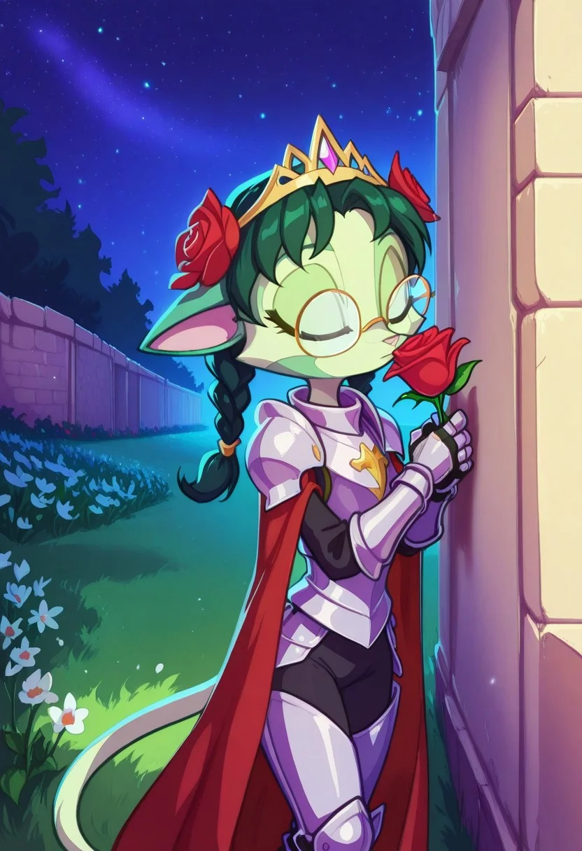 Dreamkeepers,1girl,prelude_lilith,solo,furry,tail,green hair, source_furry,glasses,magenta eyes,
child,
leaning against wall, holding a rose, smelling rose, cowboy shot, warrior girl, knight, plate armor, shoulderpads, armored pants, body suit, cloak, decorated cape, decorated armor, gemmed armor, gauntlets, steel gauntlets, fur, armored legwear, lace trim, closed eyes closed mouth braids, tiara, flower, flowers in hair, hair ornament, long hair, looking at viewer, object namesake, outdoors, stone wall, mossy wall, winding path, meadow scenery, meadow, mossy stones, flowers, rose petals, night, star \(sky\), starry sky