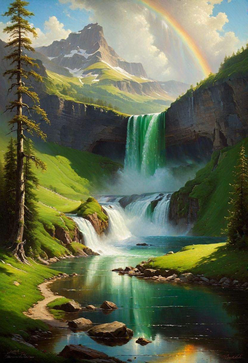 oil painting, landscape masterpiece, majestic waterfall, dark Guinness, crystal lake reflecting the sky, rolling emerald hills, vibrant rainbow, classical composition, (inspired by Albert Bierstadt:1.3), dramatic lighting, detailed brushwork