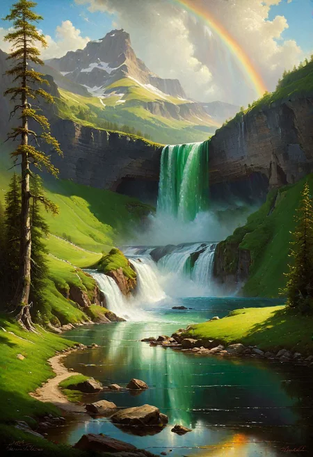 oil painting, landscape masterpiece, majestic waterfall, dark Guinness, crystal lake reflecting the sky, rolling emerald hills, vibrant rainbow, classical composition, (inspired by Albert Bierstadt:1.3), dramatic lighting, detailed brushwork