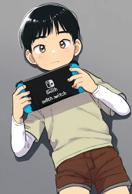 masterpiece, eeroku-style, grey background, from above, 1boy, solo, black hair, brown eyes, bangs, on back, short over long sleeves, shorts, looking at viewer, closed mouth, playing nintendo switch <lora:a6_naiXL_v1Nb-ShoAI:1>