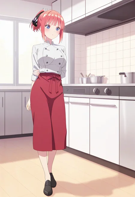newest, masterpiece, best quality, 4k,
indoors, kitchen, very aesthetic, detailed background, full body,
1girl, solo,  <lora:Nino Nakano:1> nino,short hair, bangs, blue eyes, hair ornament, hair ribbon, pink hair, blunt bangs, ponytail, sidelocks, butterfly hair ornament,large breasts, white jacket, chef jacket, red apron,