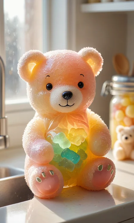 shining jelly bear on a cozy kitchen, natural light, pastel colors, hyperdetailed photography, soft light, cover