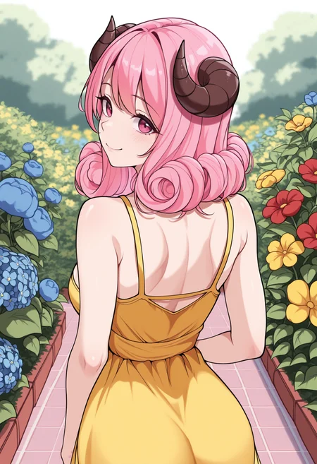 masterpiece, best quality, 1girl, solo, Ar1es, pink eyes, pink hair, medium hair, hair curls, horns, from behind, looking at viewer, yellow sundress, outdoors, garden, yellow flower, red flower, blue flower, smile, <lora:ChamAriesNoob:1>