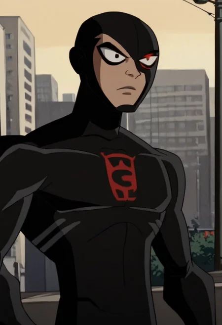black bodysuit, black suit, suit,evil symbiote eyes and symbol, skinny, outside, in city, on rooftop, upper body, boy, solo, score_9, score_8_up, score_7_up, high-res image, masterpiece, best quality,