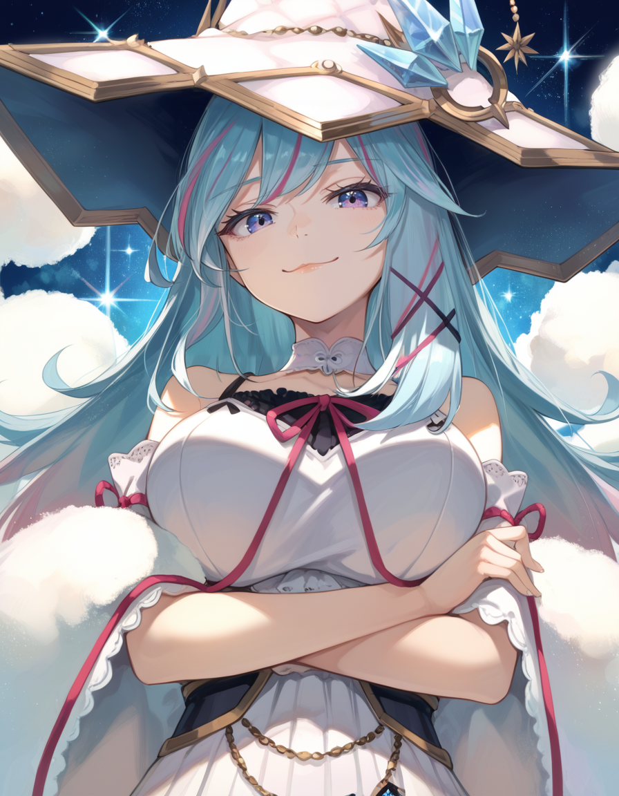 (score_9:0.9),score_8_up,score_7_up,rating_safe,anime_sytle,(zPDXL3),(zPDXL),
<lora:Rilliona, the Magistus of Verre ponyXL v1.1:0.75>,
1girl,large breasts,solo,white detached sleeves,white sleeveless dress,white witch hat,black hair ornament,fur trim boa,black corset,crystal,Rilliona the Magistus of Verre,smug,:3,from below,crossed arms,upper body,crystal,crystal_theme