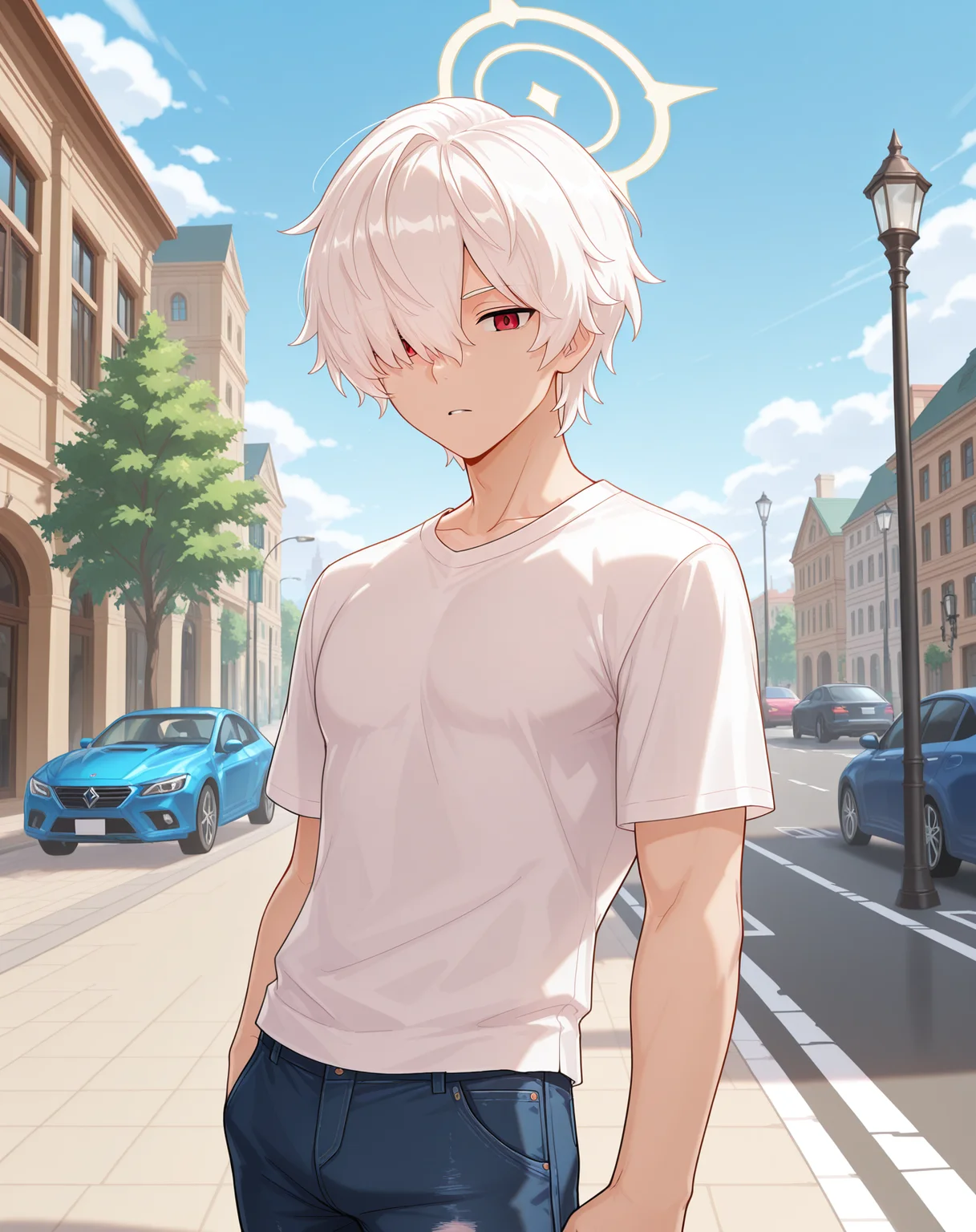 masterpiece,best quality,amazing quality, newest, very aesthetic, absurdres,
1boy, solo, yaoi, male focus, looking at viewer, cowboy shot, standing,
<lora:Elsword_Genesis_ilxl:1> elswordgn, white hair, red eyes, short hair, hair between eyes, hair over one eye, halo,
white shirt, jeans, sneakers,
outdoors, day, blue sky, building, street, road, lamppost, car,