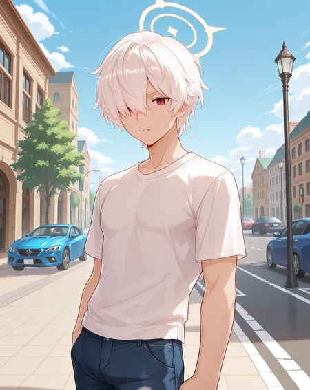 masterpiece,best quality,amazing quality, newest, very aesthetic, absurdres,
1boy, solo, yaoi, male focus, looking at viewer, cowboy shot, standing,
<lora:Elsword_Genesis_ilxl:1> elswordgn, white hair, red eyes, short hair, hair between eyes, hair over one eye, halo,
white shirt, jeans, sneakers,
outdoors, day, blue sky, building, street, road, lamppost, car,