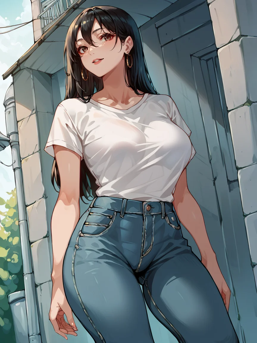 score_9, score_8_up, score_7_up, score_6_up, score_5_up, <lora:401sXLP:1> 401s, 1girl, curvy, jeans, t-shirt,