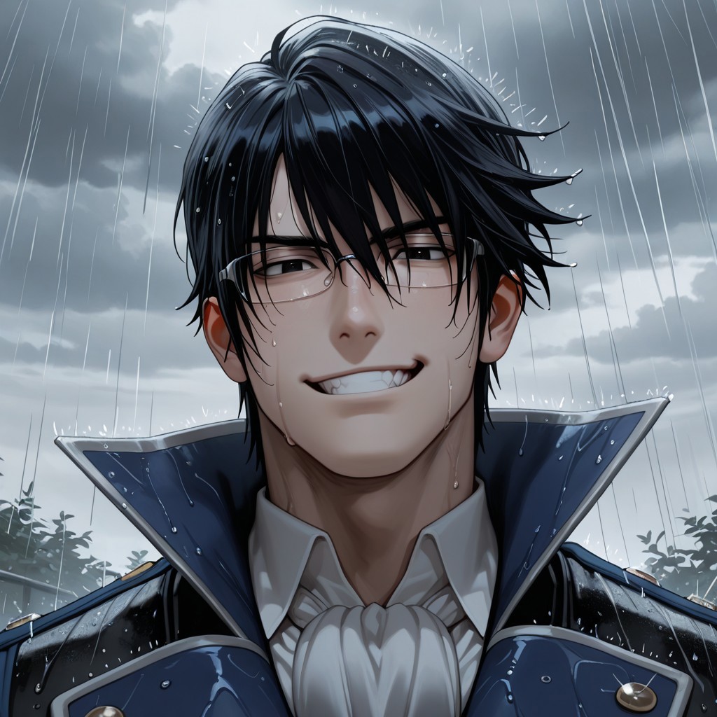 masterpiece, best quality, amazing quality, absurdres, newest, detailed background, definition so sharp, Ultra-HD, 8K cinematic, very awa, impressionate, amazing quality, highres, 
solo, male focus, manly, mature male, bara, cloud, grey, rain, 
reishimunakata, reishi_black hair, reishi_black eyes, 1boy, short hair, glasses, blue coat, white collared shirt, ascot,
smirk, excited, grin, charming, sparkle, looking at viewer,