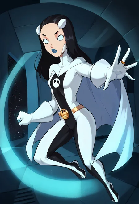1girl, score_9, score_8_up, score_7_up, western cartoon, bright lighting, very detailed, depth of field, cinematic illumination, volumetric lighting, full color picture, vibrant colors, solo, alone, small bust, wide hips, petite, long hair, black hair, no pupils, white eyes, eyeliner, white hair ornaments, silver lipstick, legion ring, white gloves, gold belt, facing front, long cape, white cape, costume1, full body, facing forward, spaceship hallway, action pose, flying,